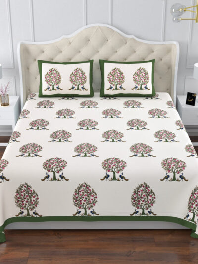 Elite - King Size Cotton Bedsheet - 108x108 Inches, Tree and Bird Design - Green