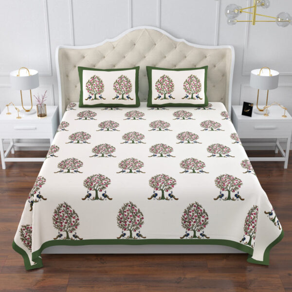 Elite - King Size Cotton Bedsheet - 108x108 Inches, Tree and Bird Design - Green