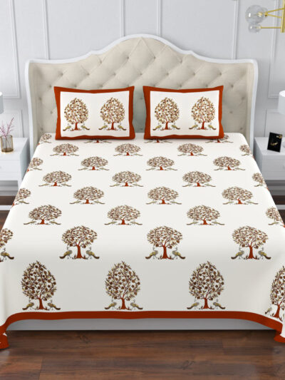 Elite - King Size Cotton Bedsheet - 108x108 Inches, Tree and Bird Design - Red