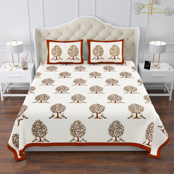 Elite - King Size Cotton Bedsheet - 108x108 Inches, Tree and Bird Design - Red