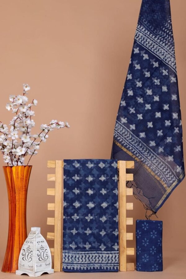 Indigo Blue Handblock Printed Kota Doria Unstitched Suit Set