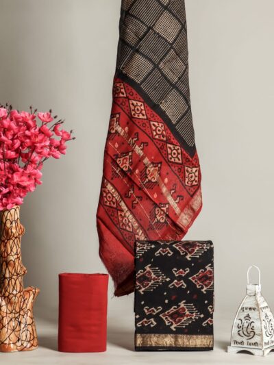 Red & Black Kalamkari Maheshwari Silk Suit Set with Gold Zari Border