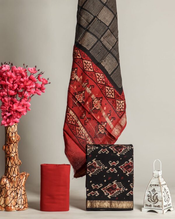 Red & Black Kalamkari Maheshwari Silk Suit Set with Gold Zari Border