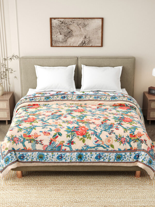 Jaipuri 100gm Double Bed Mulmul Cotton Razai for Heavy Winter, Peach, Bird Print