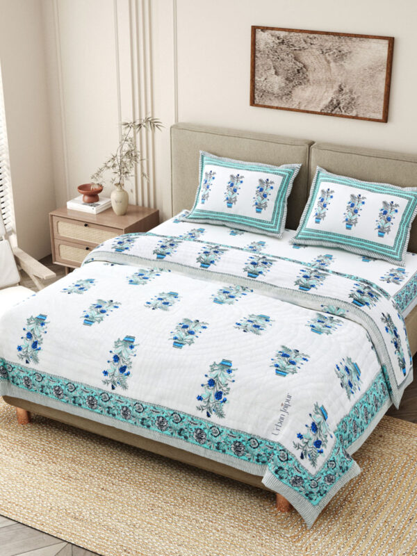 Razai Set - Set Of 4 Pcs - Buta Print Razai Bedding Set (Bedsheet & Quilt Set)