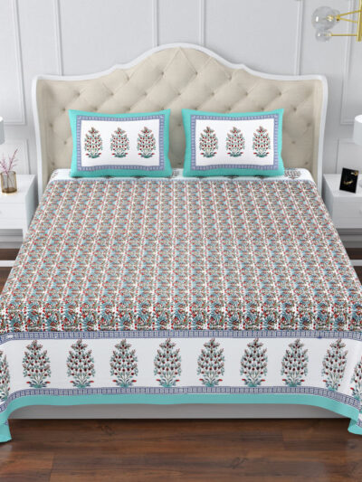 Elite King Size Block Print Cotton Bedsheet - 108x108 Inches, Aqua Blue & Multicolor Motif, 250 TC - ₹1499