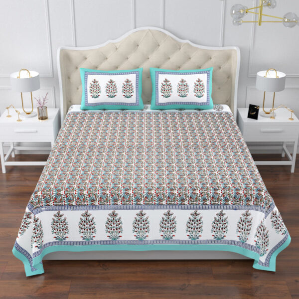 Elite King Size Block Print Cotton Bedsheet - 108x108 Inches, Aqua Blue & Multicolor Motif, 250 TC - ₹1499