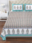 Elite - King Size Block Print Cotton Bedsheet - 108x108 Inches, Aqua Blue