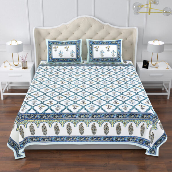 Elite - Jaipuri Pure Cotton King Size Bedsheet - Blue, Jaal Print