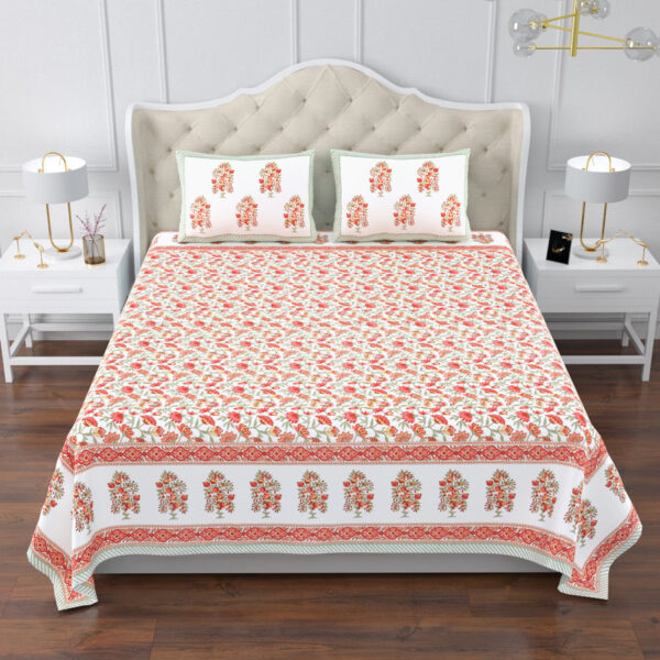 Elite - Jaipuri Floral Print King Size Bedsheet - 108x108 Inches, Red and Green Design