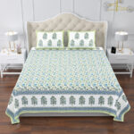 Elite - Jaipuri Floral Print King Size Bedsheet - Blue & Green, 108x108 Inches