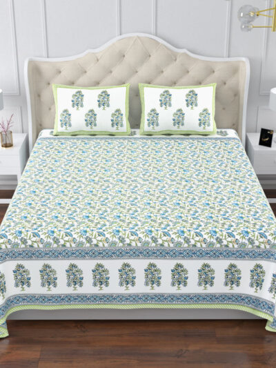 Elite - Jaipuri Floral Print King Size Bedsheet - Blue & Green, 108x108 Inches