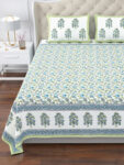 Elite - Jaipuri Floral Print King Size Bedsheet - Blue & Green, 108x108 Inches