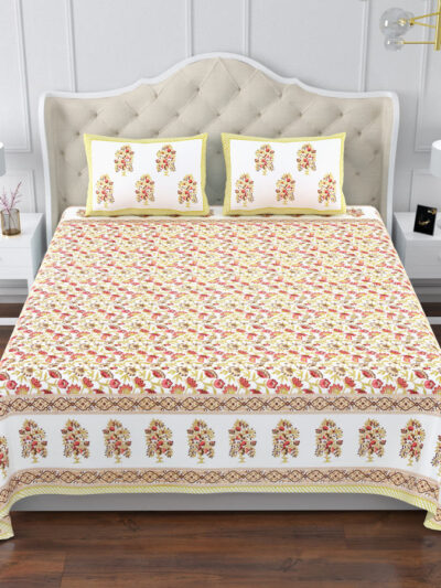 Elite - Jaipuri Floral Print Pure Cotton King Size Bedsheet - Yellow & Red