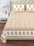 Elite - Jaipuri Floral Print Pure Cotton King Size Bedsheet - Yellow & Red