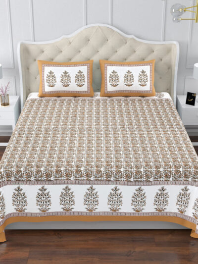 Elite King Size Block Print Cotton Bedsheet - 108x108 Inches, Brown & White Motif, 250 TC