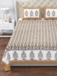 Elite King Size Block Print Cotton Bedsheet - 108x108 Inches, Brown & White Motif, 250 TC