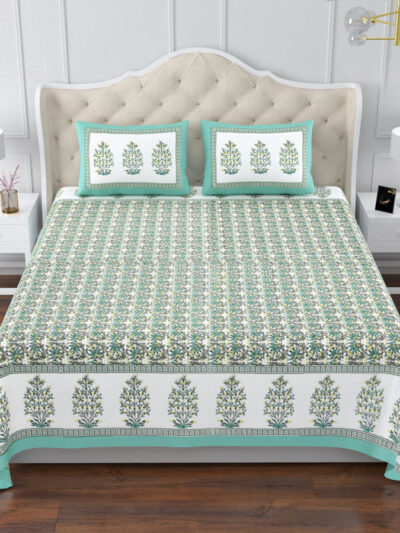 Elite - King Size Cotton Bedsheet - 108x108 Inches, (Green Floral Print)