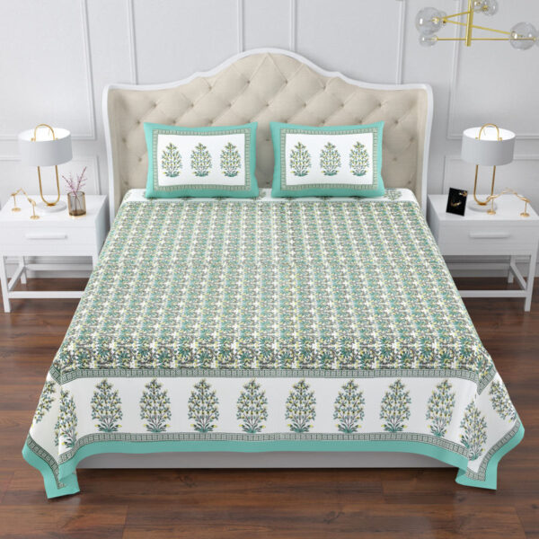 Elite - King Size Cotton Bedsheet - 108x108 Inches, (Green Floral Print)