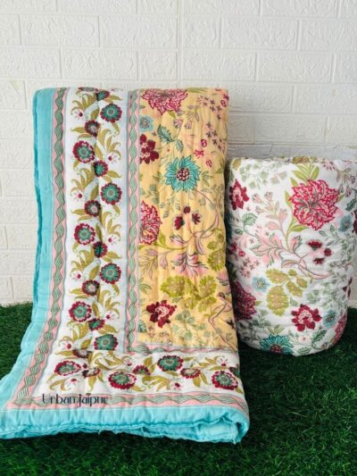 Handcrafted Jaipuri Single Bed Razai Quilt – Reversible Floral Print in Yellow, Blue