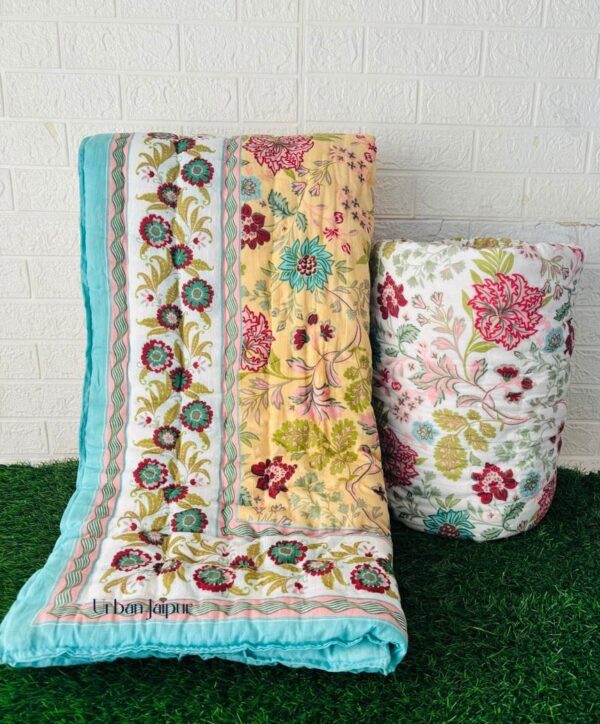 Handcrafted Jaipuri Single Bed Razai Quilt – Reversible Floral Print in Yellow, Blue