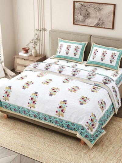 Razai Set - Set Of 4 Pcs - Buta Print Razai Bedding Set (Bedsheet & Quilt Set)