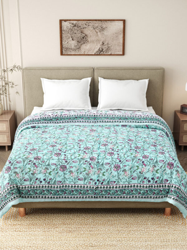 Jaipuri 100gm Mulmul Cotton Double Bed Razai- White, Blue