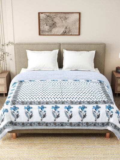 Jaipuri 100gm Mulmul Cotton Double Bed Razai- White, Blue