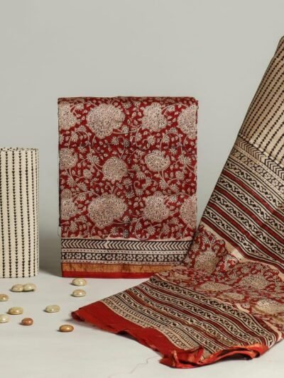 Regal Red and Cream Chanderi Silk Dress Material with Traditional Patterns