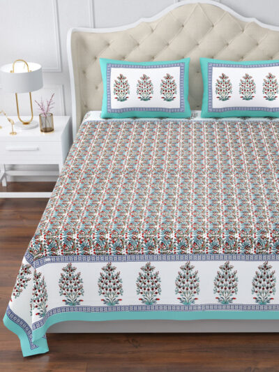 Elite - King Size Block Print Cotton Bedsheet - 108x108 Inches, Aqua Blue