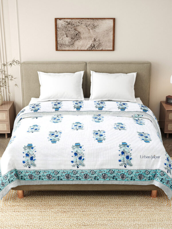 Jaipuri Mulmul Cotton Double Bed Razai for Winter | Reversible Print | No Middle Joint | Blue