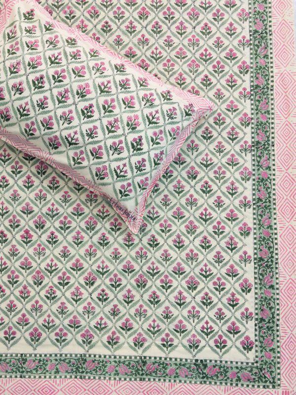 Harmony Cotton Block Print Bedsheet - Pink & Green Buta Design on Cream Base, King Size (108x108 inches)