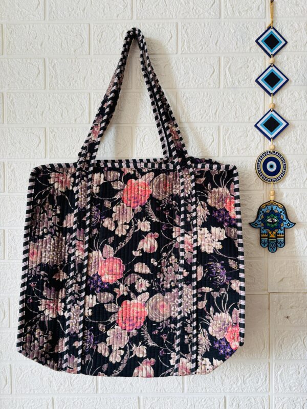 Floral Print Quilted Tote Bag For Women-Black