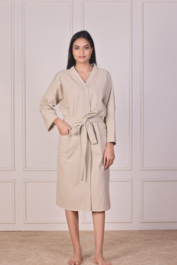 eige Waffle Cotton Bathrobe for Women – Free Size, Unisex, Solid Color, Machine Washable