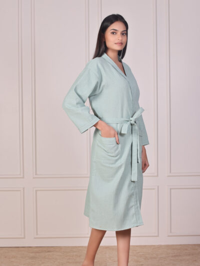 Mint Green Waffle Cotton Bathrobe for Women – Free Size, Unisex, Solid Color, Machine Washable