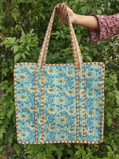 Blue Poppy Hand Block Printed Quilted Tote with Zipper & Tablet Pocket