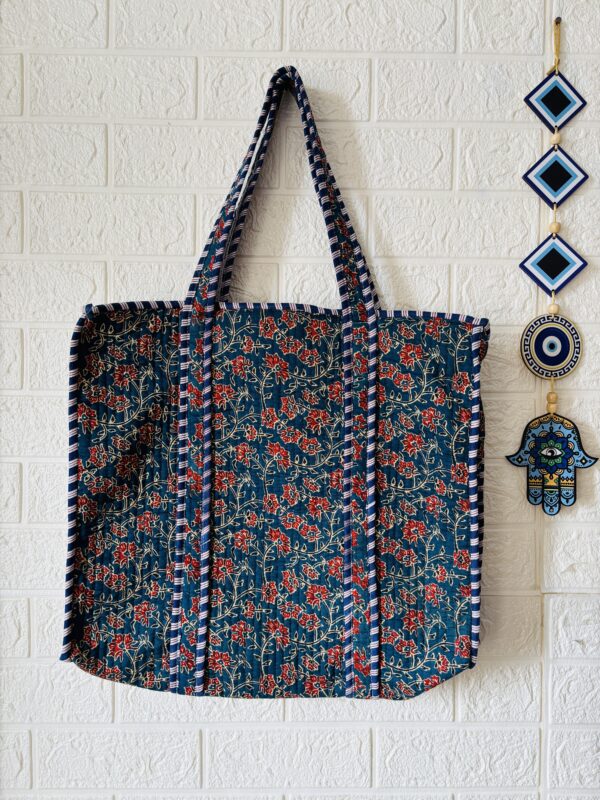 Floral Print Quilted Tote Bag For Women- Blue