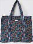 Floral Print Quilted Tote Bag With Zip- Blue