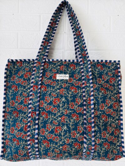 Floral Print Quilted Tote Bag With Zip- Blue