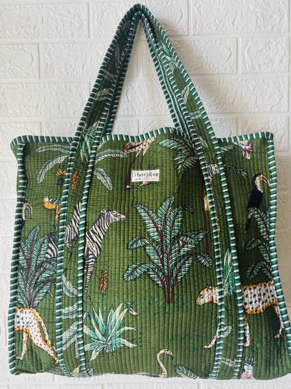 Jungle Print Quilted Tote Bag Without Zip- Green