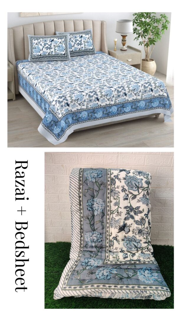 Razai Set - Set Of 4 Pcs - Floral Print Razai Bedding Set (Bedsheet + Cotton Quilt)