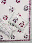 Karigari- Hand Block Printed King Size Bedsheet Set, Purple & Red Rose Bouquet Print