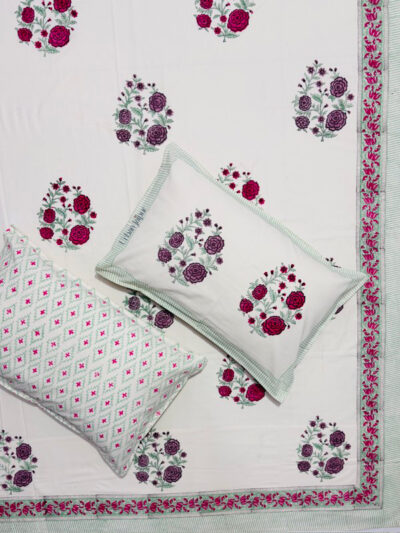 Karigari- Hand Block Printed King Size Bedsheet Set, Purple & Red Rose Bouquet Print