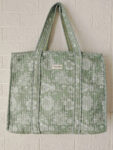 Floral Print Handblock Quilted Tote Bag With Zip- Mint Green