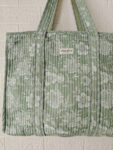 Floral Print Handblock Quilted Tote Bag With Zip- Mint Green