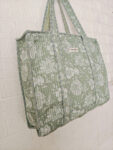 Floral Print Handblock Quilted Tote Bag With Zip- Mint Green