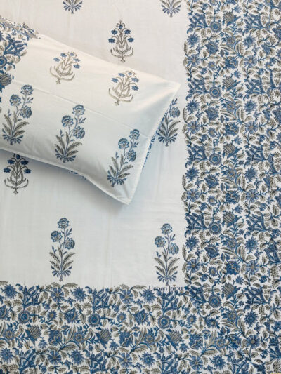 Harmony Blue Blossom Hand Block Printed Cotton Bedsheet King Size