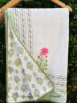 Gulabika- Rose Floral Hand Block Printed Dohar with Green Leaf Motifs