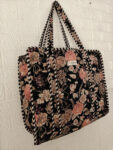 Floral Print Quilted Tote Bag With Zip-Black