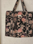 Floral Print Quilted Tote Bag With Zip-Black